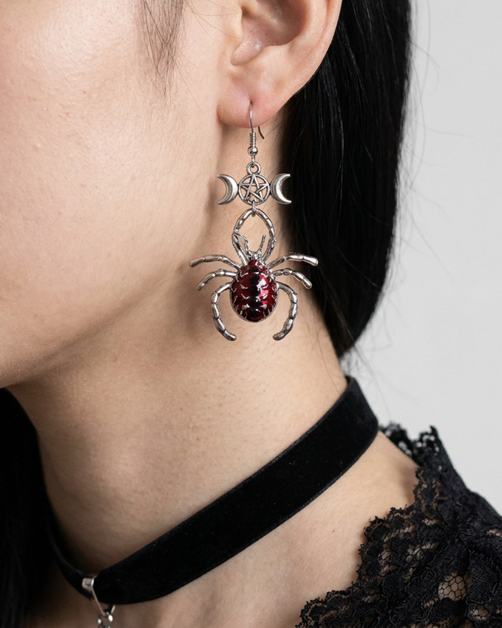 Spider Moon Drop Earrings worn – red spider and triple moon drop earrings