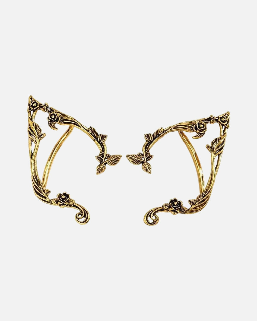 Elf Ear Cuffs – Gold – pointed elf ear cuffs with rose vines