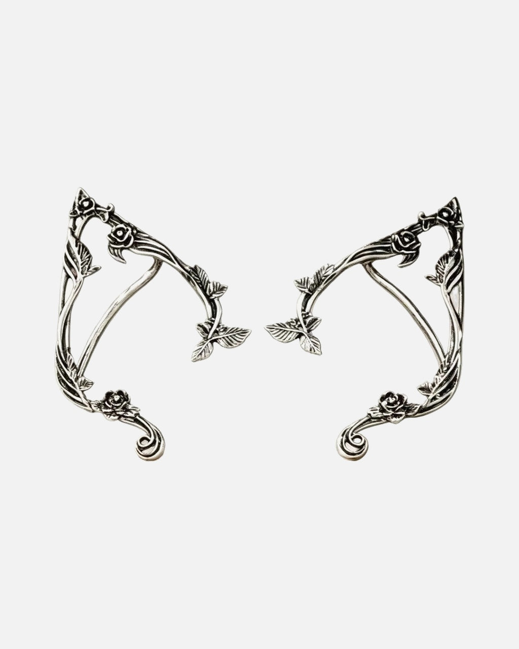 Elf Ear Cuffs – Silver – pointed elf ear cuffs with rose vines