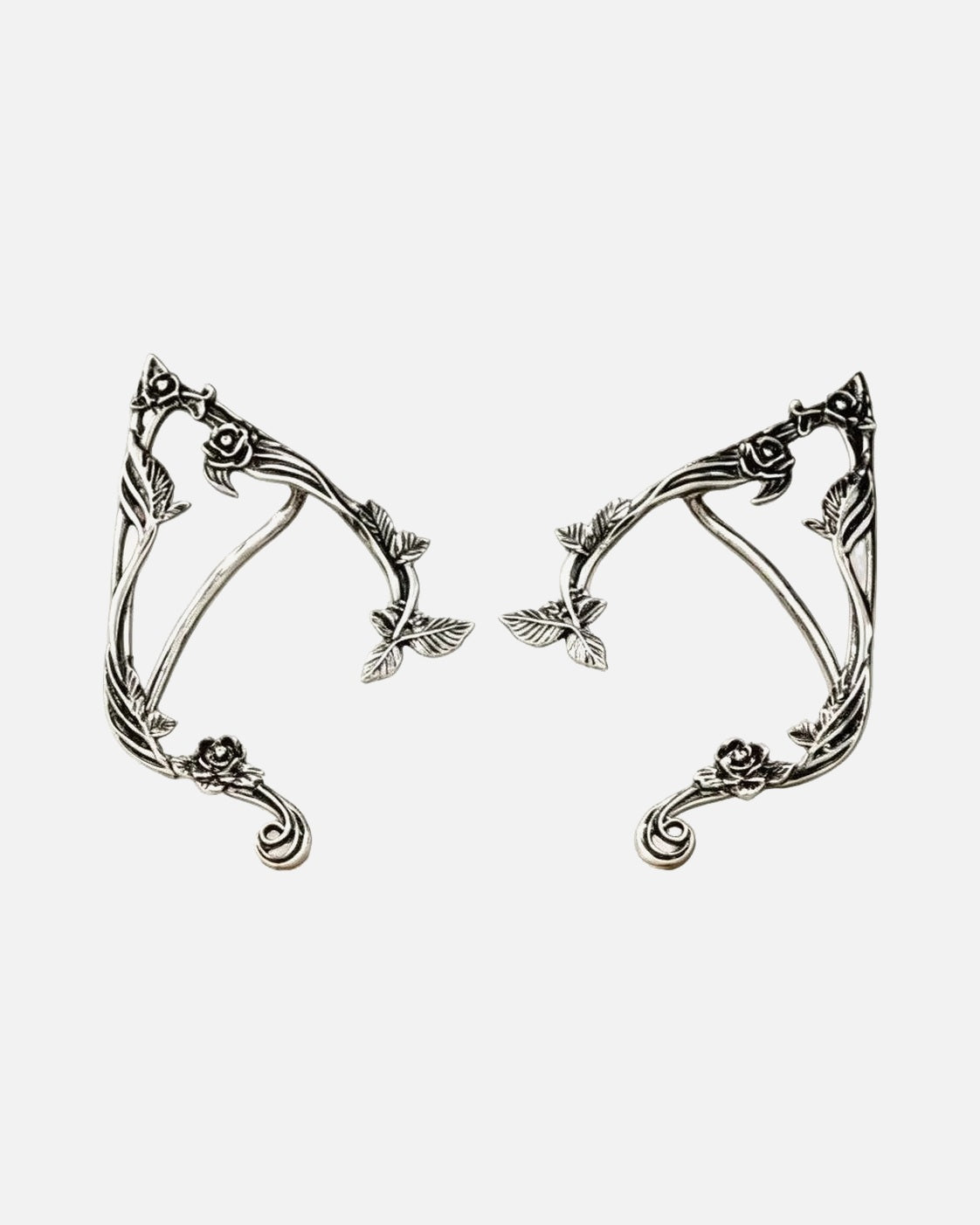 Elf Ear Cuffs – Silver – pointed elf ear cuffs with rose vines