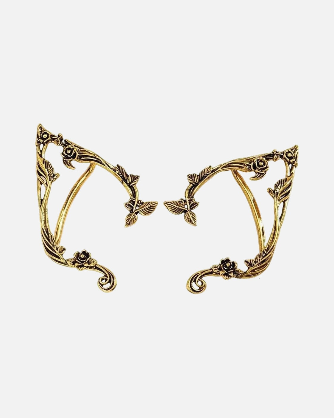Elf Ear Cuffs – pointed elf ear cuffs with rose vines, close-up detail