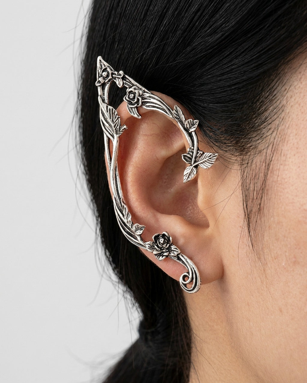 Elf Ear Cuffs worn – Silver – pointed elf ear cuffs with rose vines