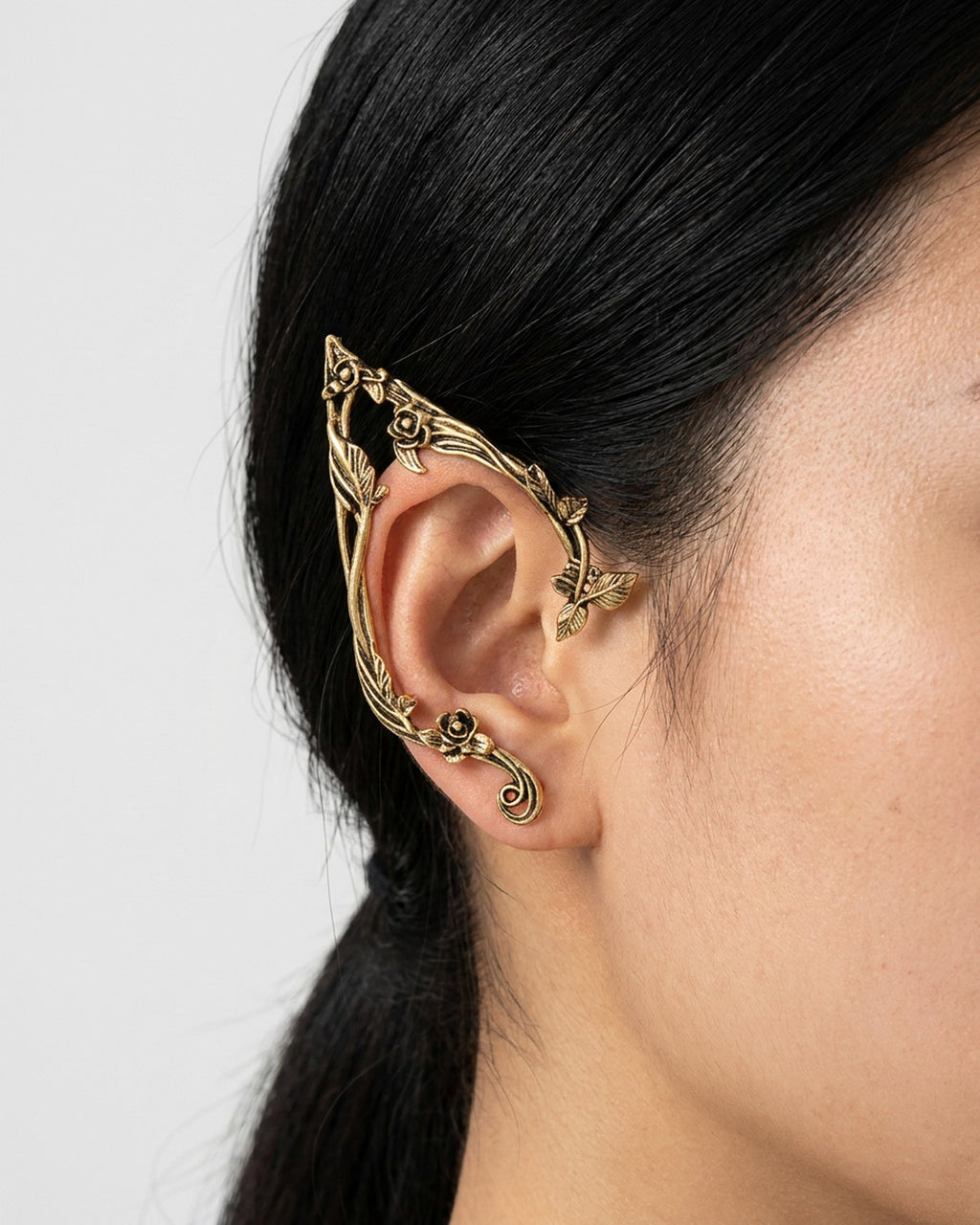 Elf Ear Cuffs worn – Gold – pointed elf ear cuffs with rose vines