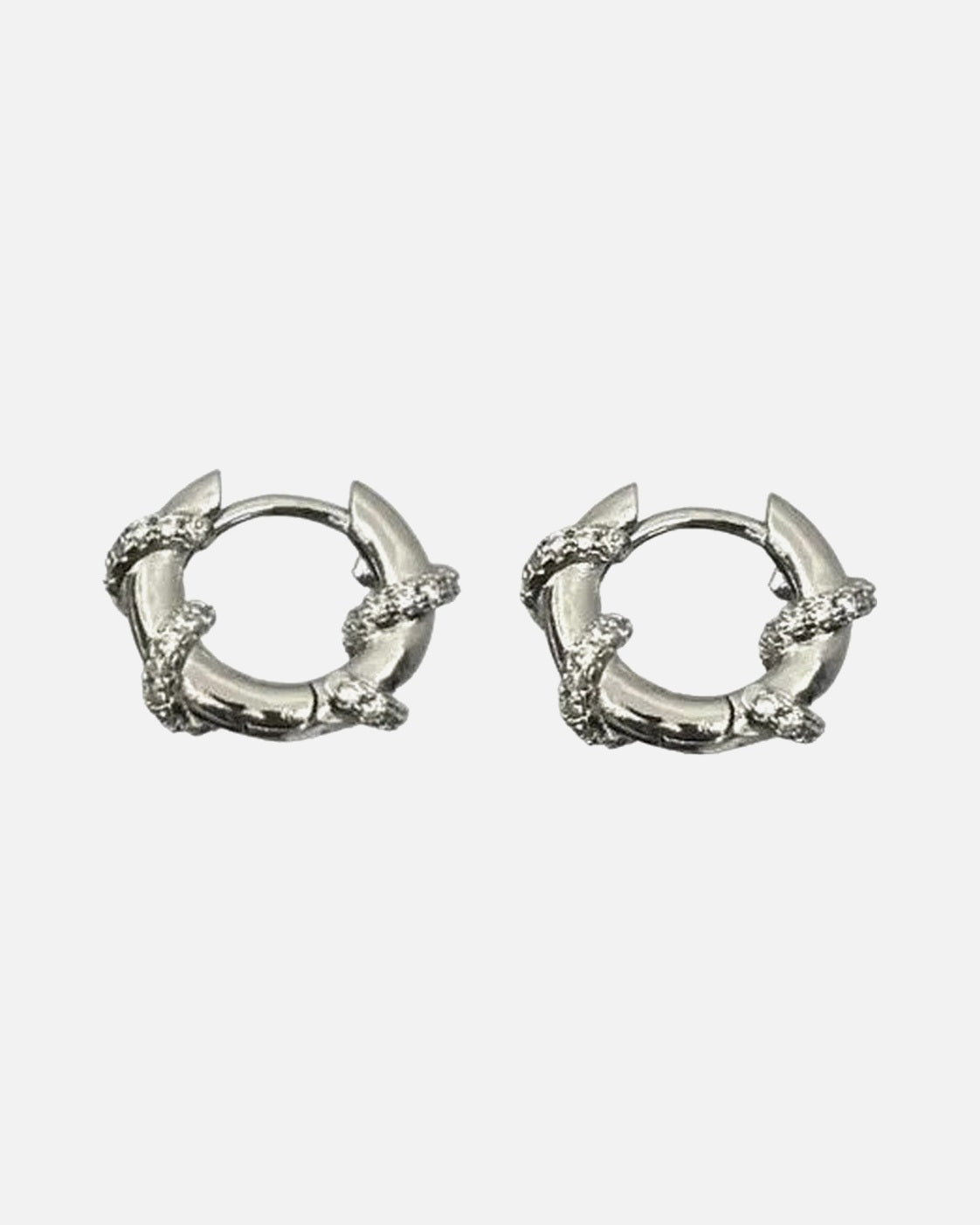 Thorn Wrap Hoop Earrings – silver thorn wrap hoop earrings with rhinestones, product photo on grey background