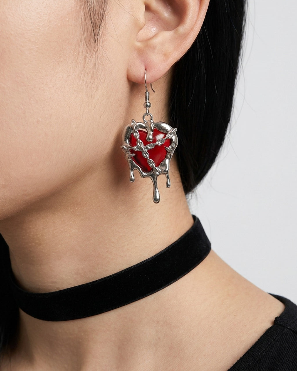 Bleeding Heart Earrings worn – dripping heart drop earrings