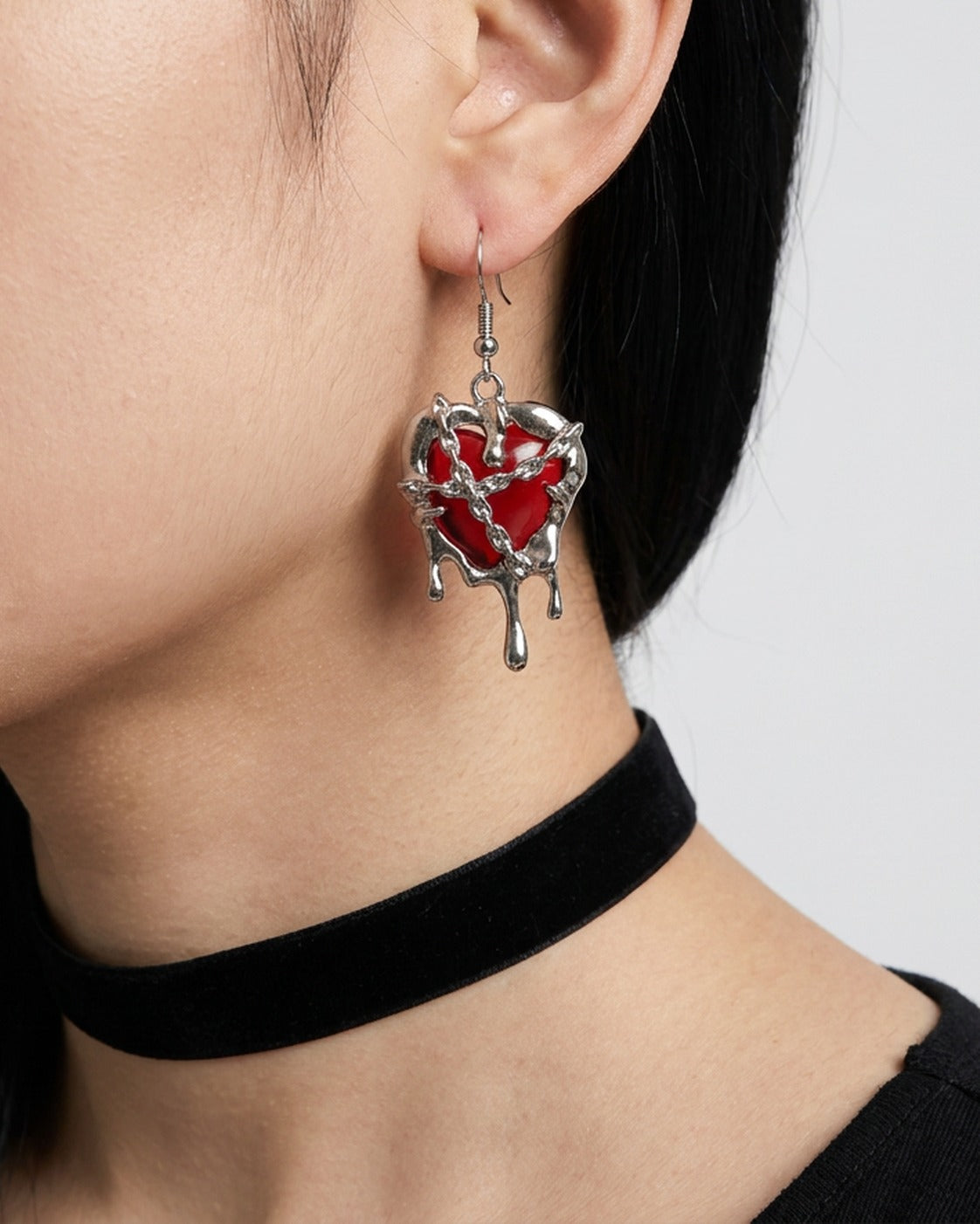 Bleeding Heart Earrings worn – dripping heart drop earrings