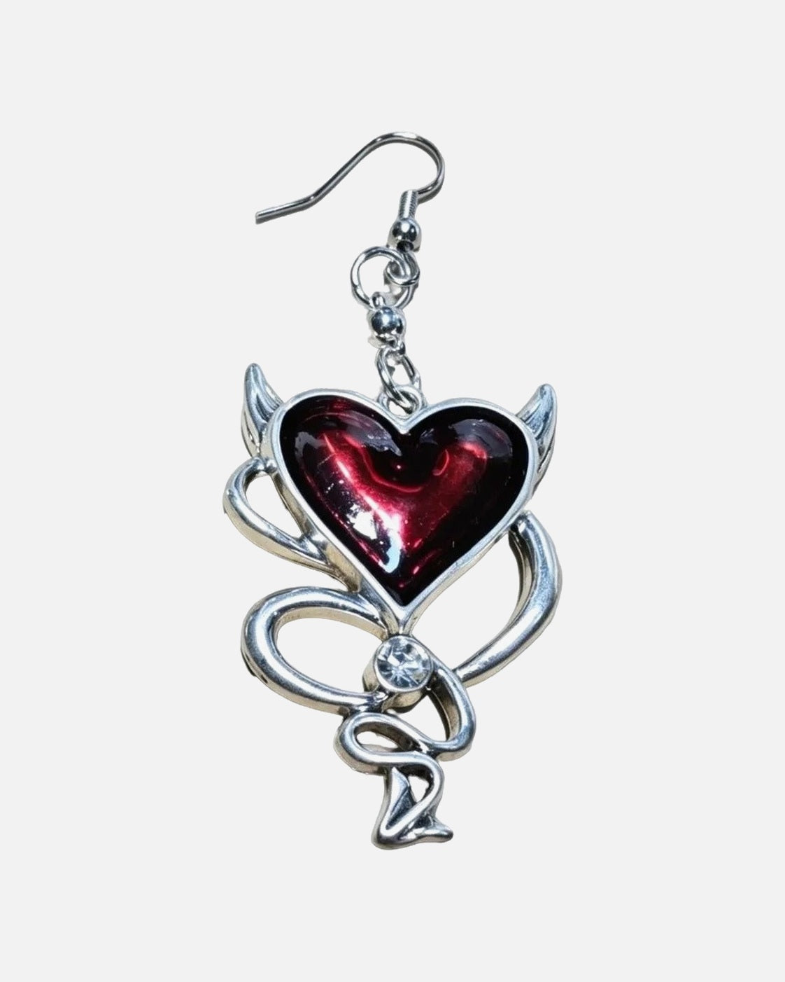 Devil Heart Drop Earrings – red devil heart drop earrings, product photo on grey background