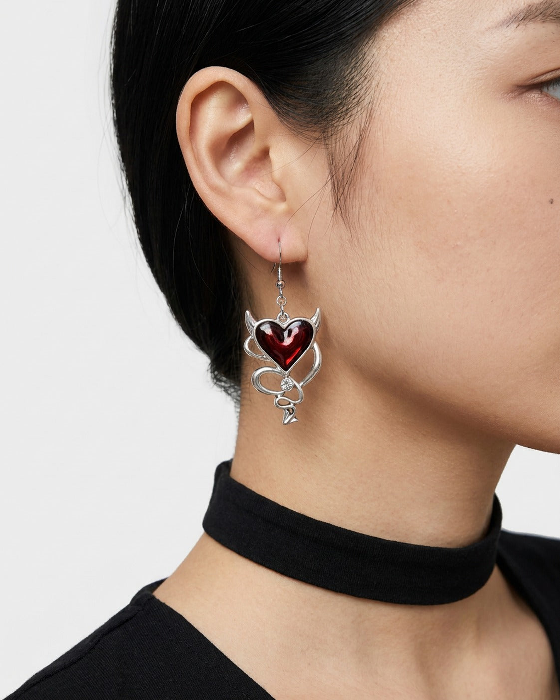 Devil Heart Drop Earrings worn – red devil heart drop earrings