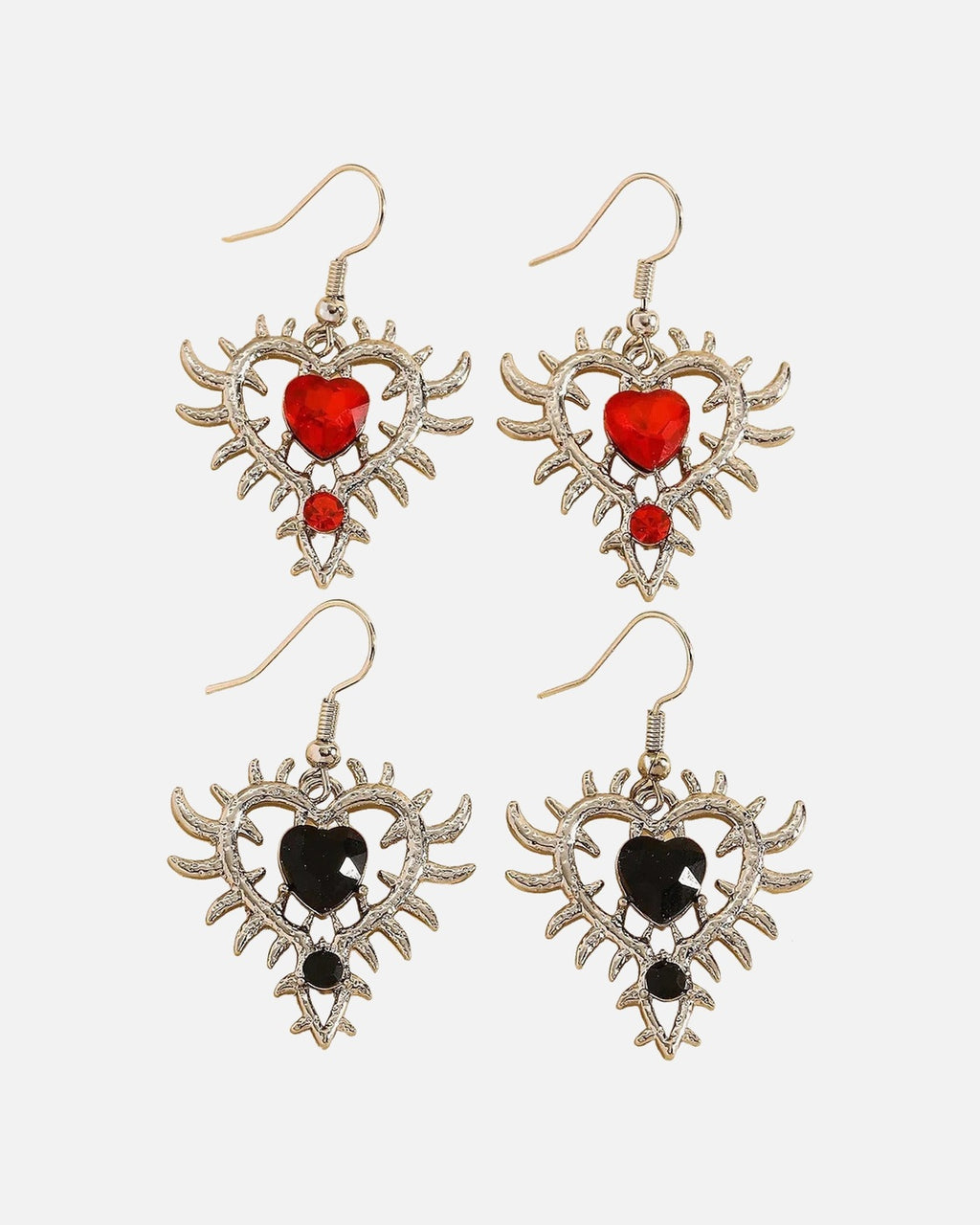 Thorn Heart Earrings – rhinestone heart earrings in thorn frame, close-up detail