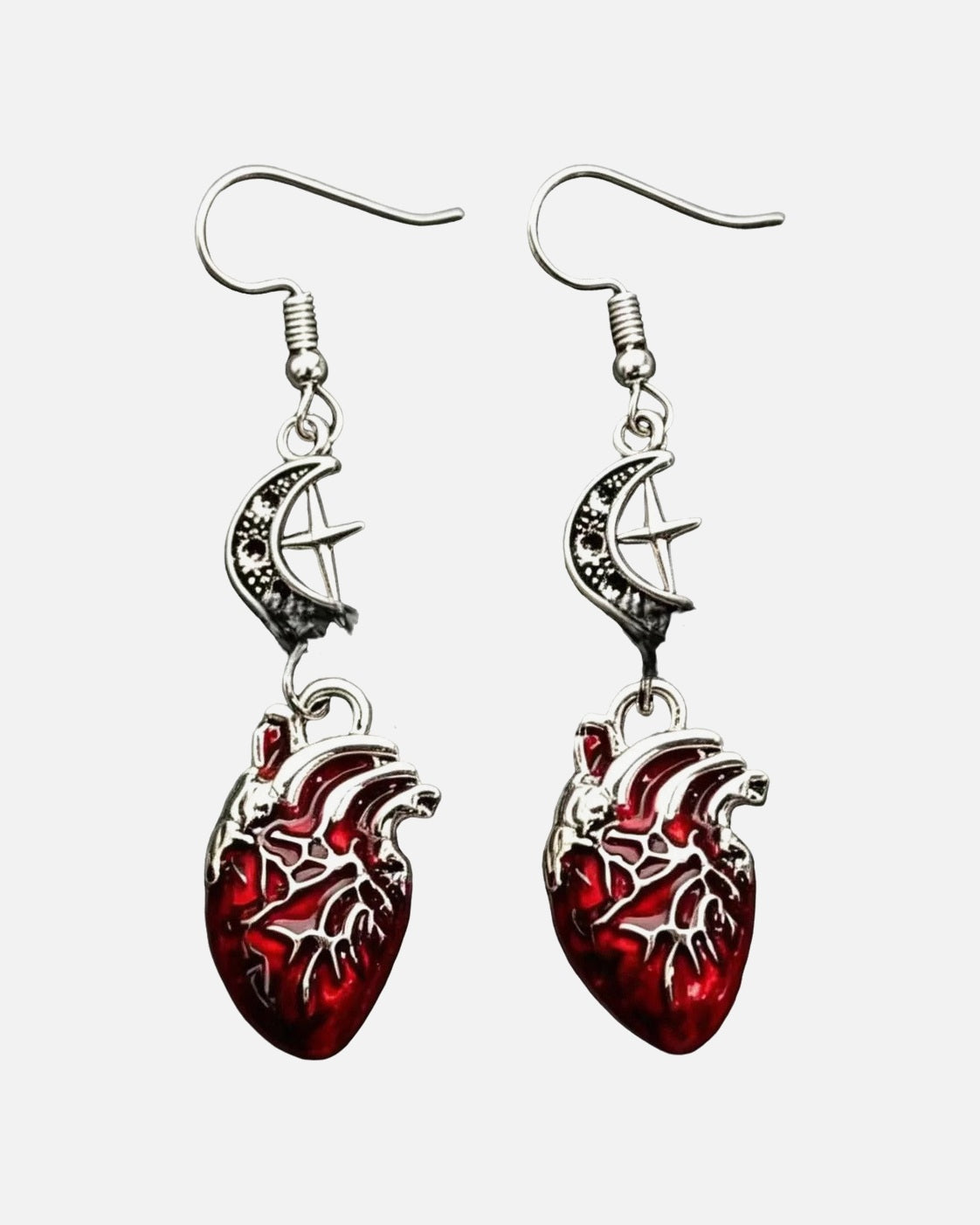 Moon Heart Drop Earrings – anatomical heart and crescent moon drop earrings, alternate view
