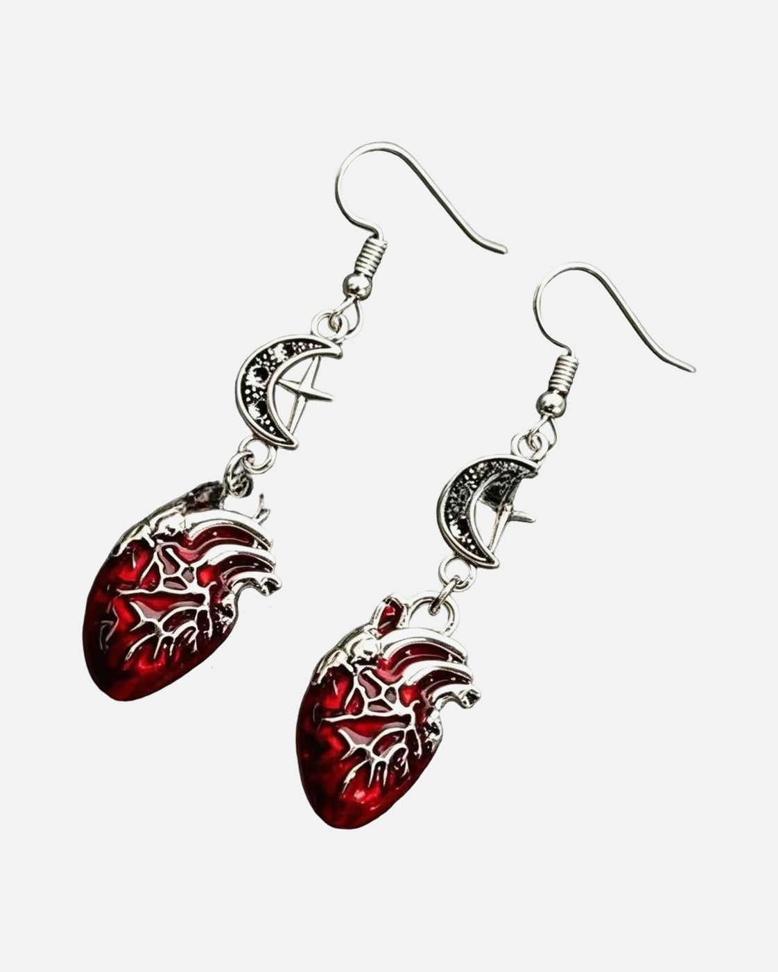 Moon Heart Drop Earrings – anatomical heart and crescent moon drop earrings, close-up detail