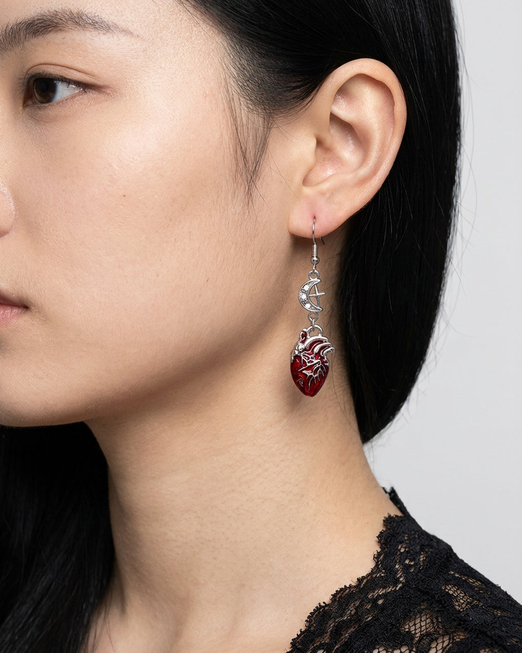 Moon Heart Drop Earrings worn – anatomical heart and crescent moon drop earrings