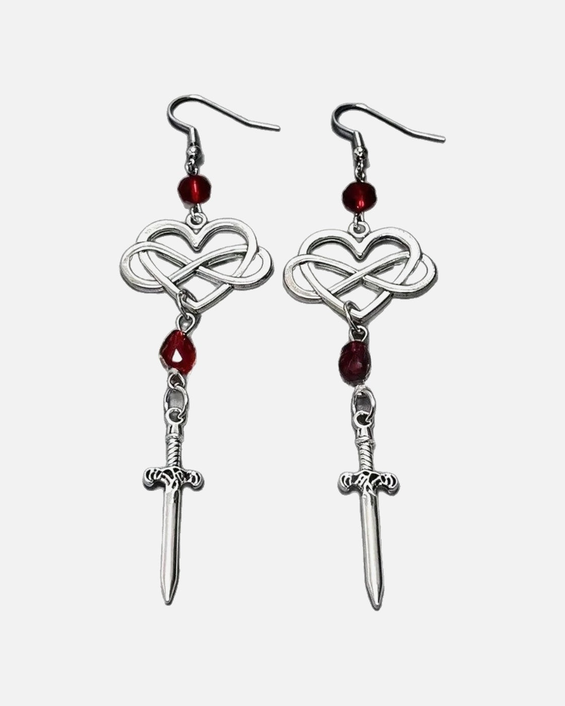 Infinity Dagger Earrings – infinity heart and dagger drop earrings, product photo on grey background