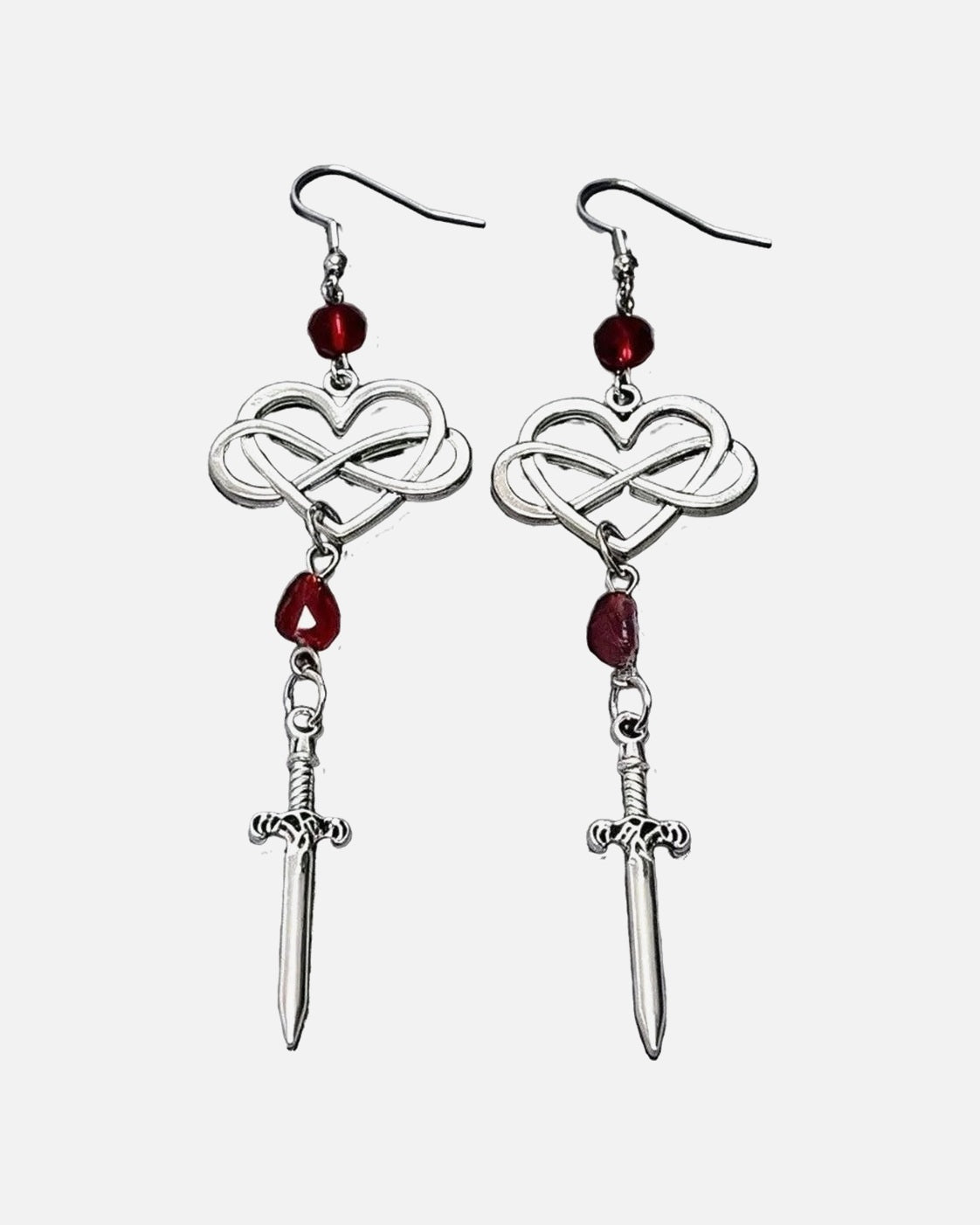 Infinity Dagger Earrings – infinity heart and dagger drop earrings, alternate view
