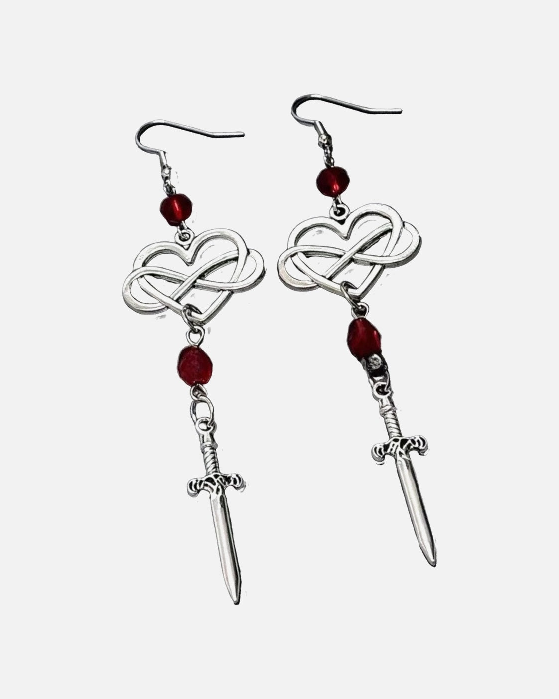 Infinity Dagger Earrings – infinity heart and dagger drop earrings, close-up detail