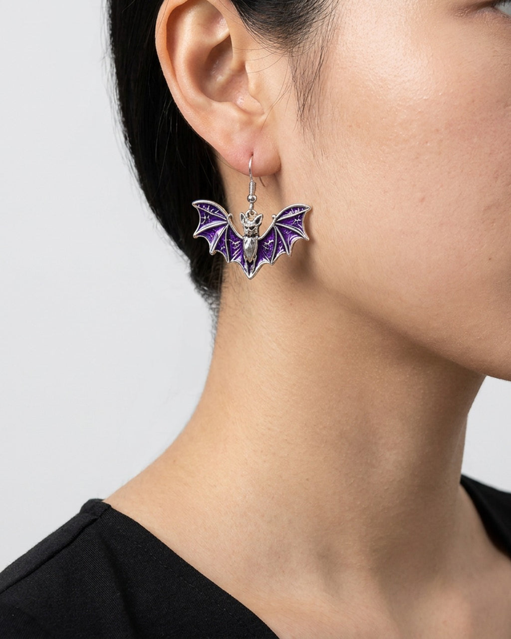 Bat Wing Drop Earrings worn – enamel bat wing drop earrings