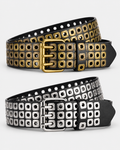 Rivet Grommet Belt – unisex punk belt in PU leather, front product photo on a grey background