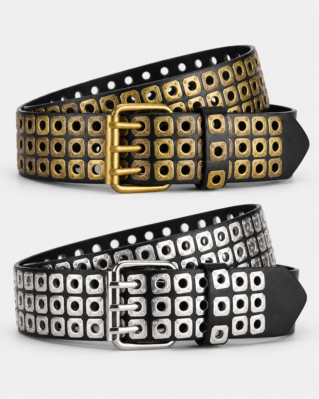 Rivet Grommet Belt – unisex punk belt in PU leather, front product photo on a grey background