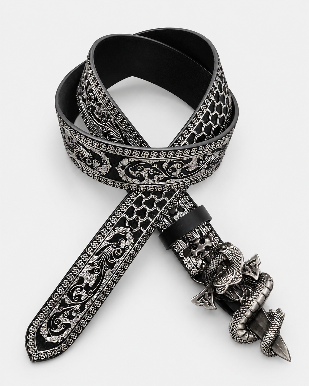 Coiled Snake Embossed Belt – black embossed belt with coiled snake buckle, product photo on grey background