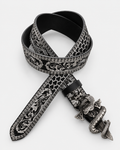 Coiled Snake Embossed Belt – black embossed belt with coiled snake buckle, product photo on grey background