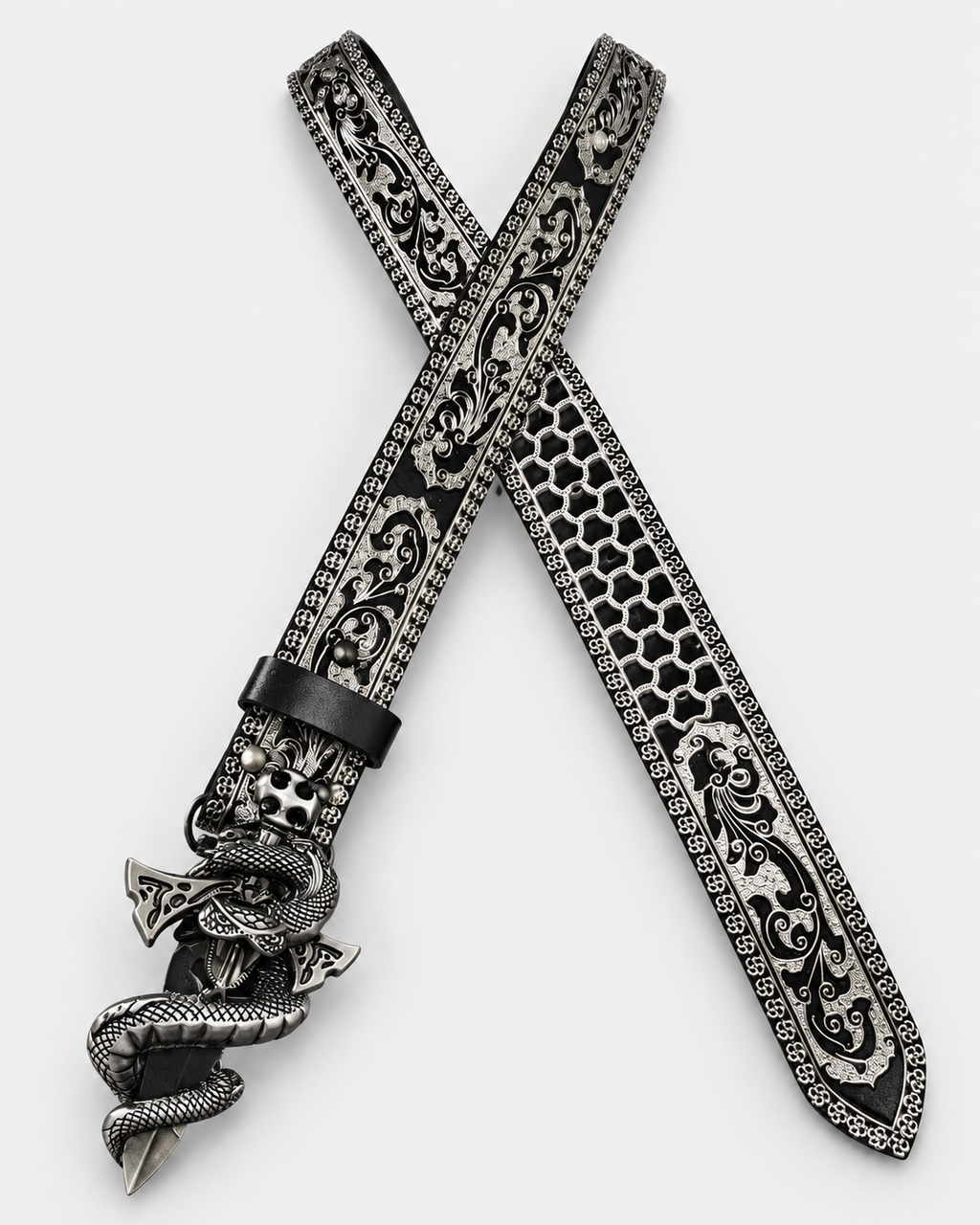 Coiled Snake Embossed Belt – black embossed belt with coiled snake buckle, alternate view