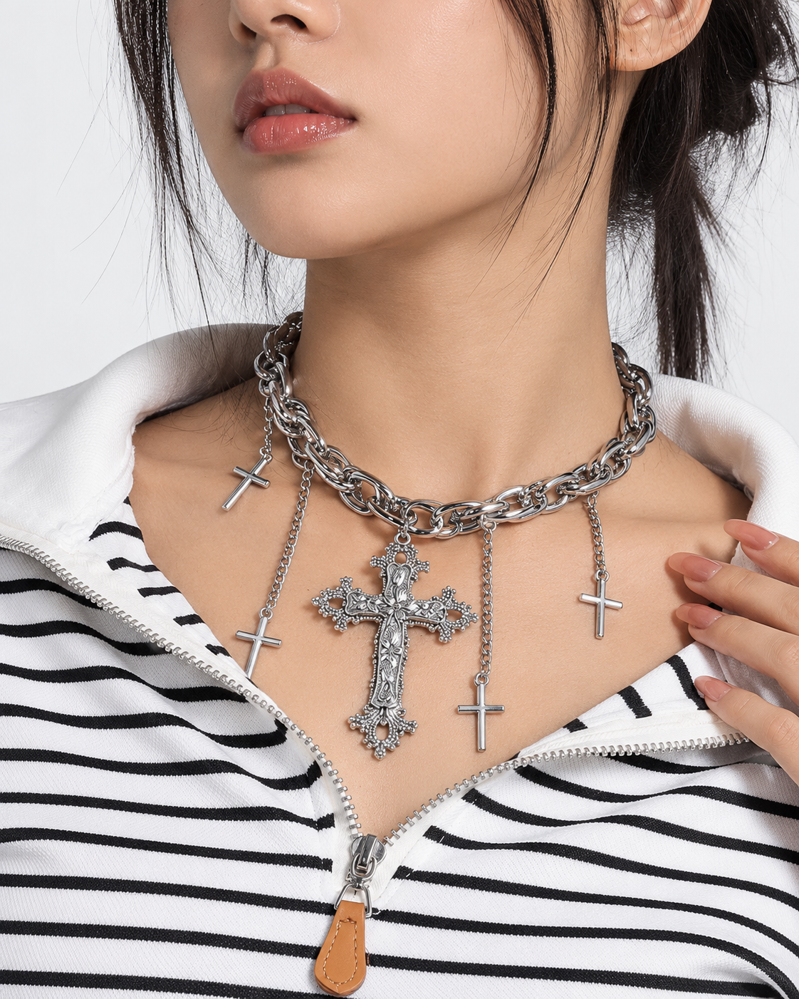 Five Cross Charm Choker Necklace