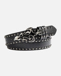 Flame Cross Studded Belt – unisex retro belt in PU leather, front product photo on a grey background