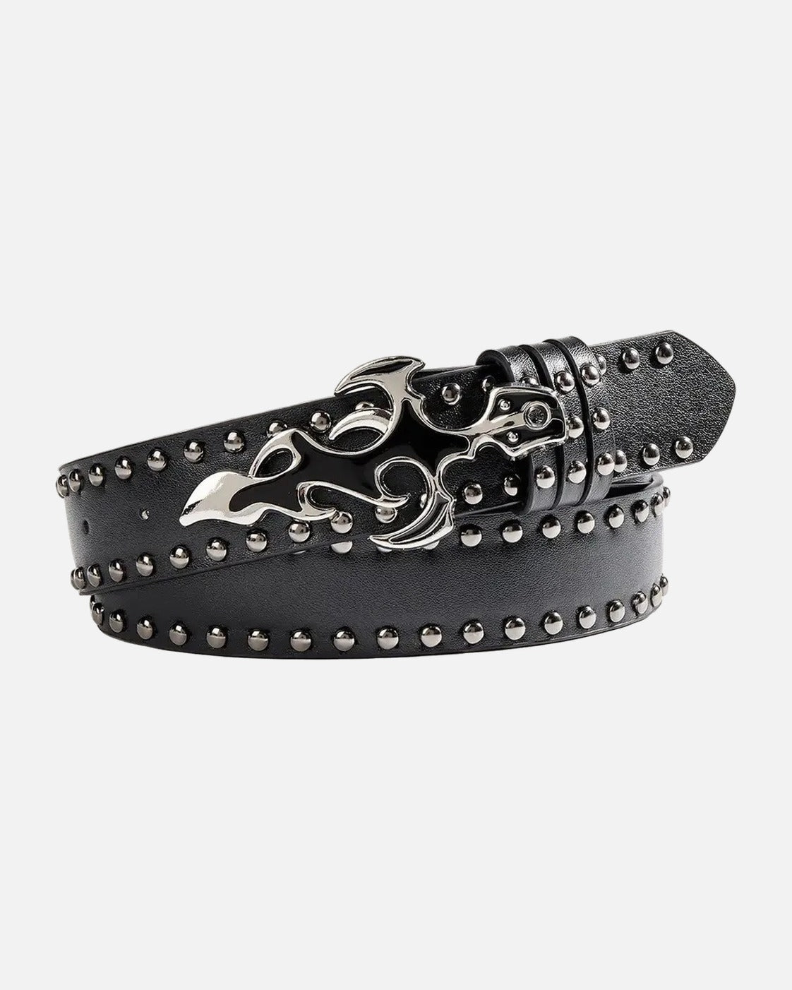 Flame Cross Studded Belt – unisex retro belt in PU leather, front product photo on a grey background