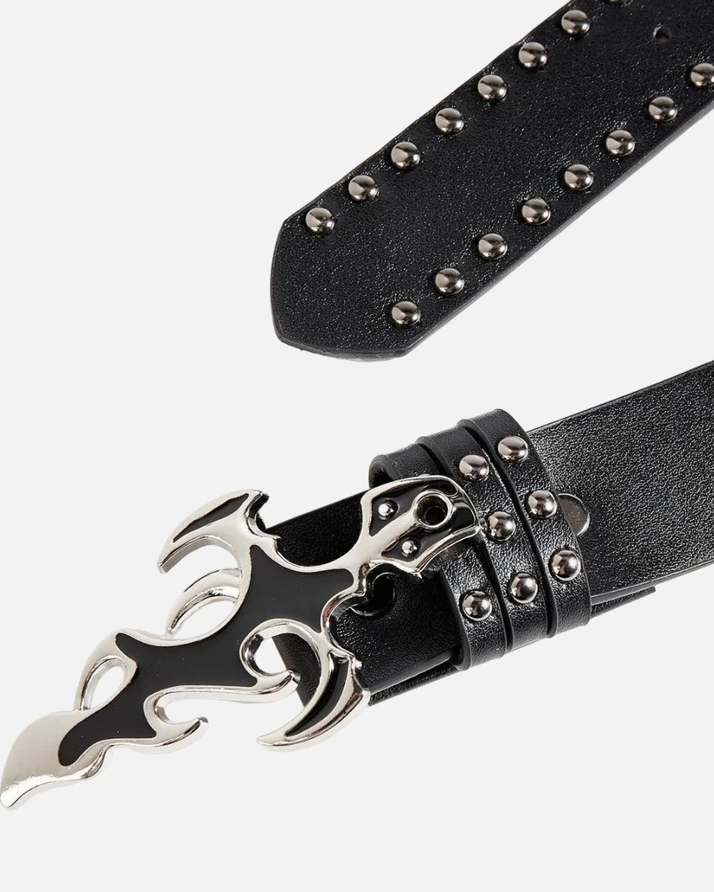Flame Cross Studded Belt – shown from another angle, unisex retro belt