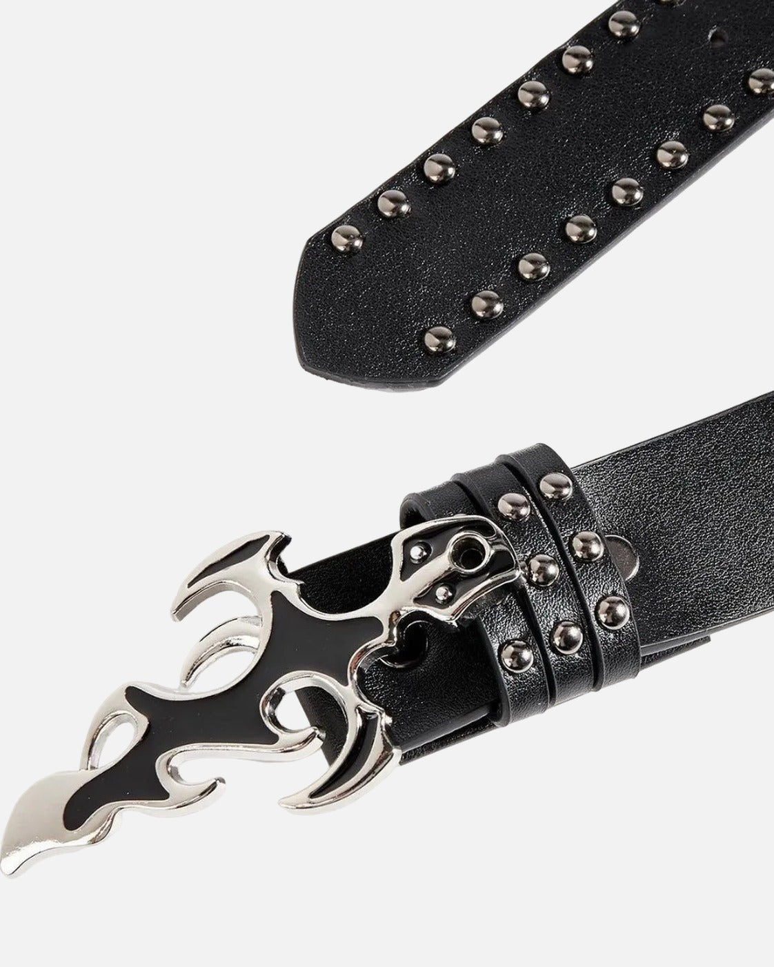 Flame Cross Studded Belt – shown from another angle, unisex retro belt