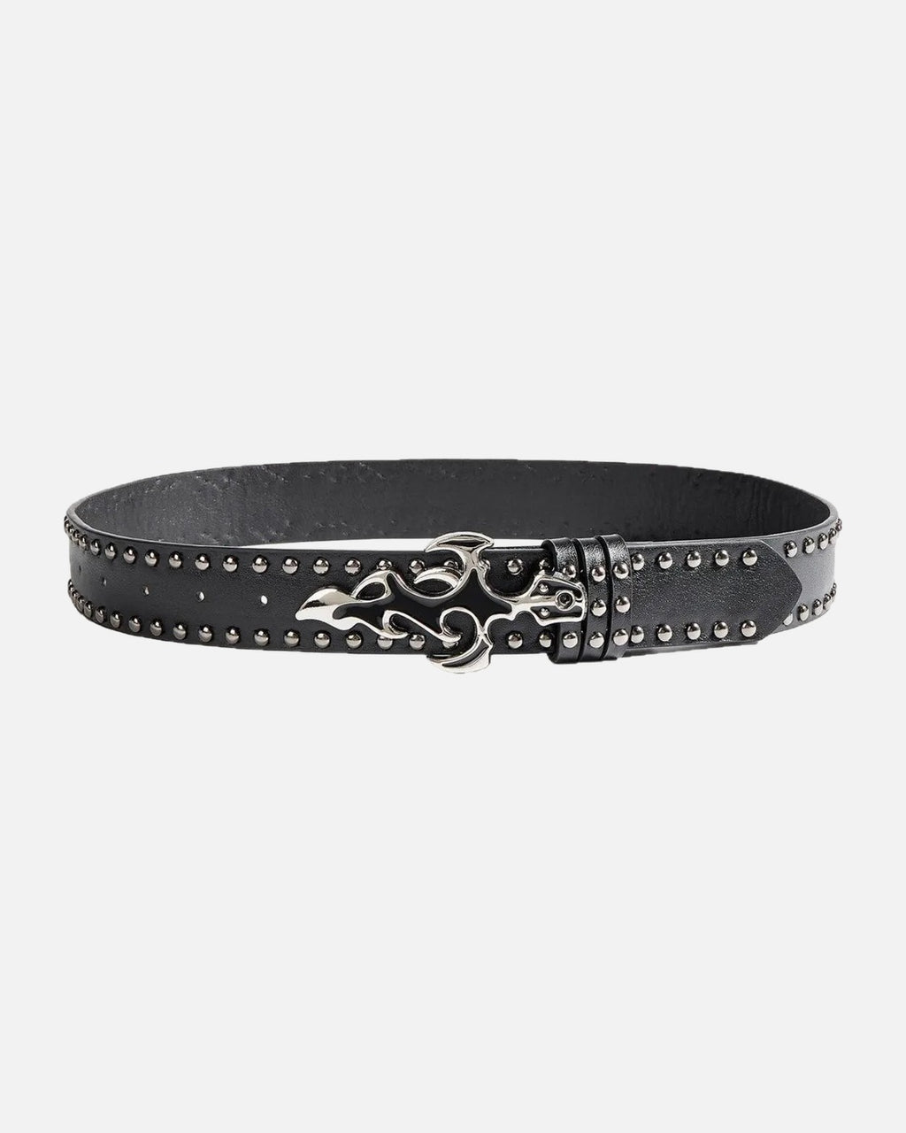 Flame Cross Studded Belt – close-up of the PU leather finish, unisex retro belt