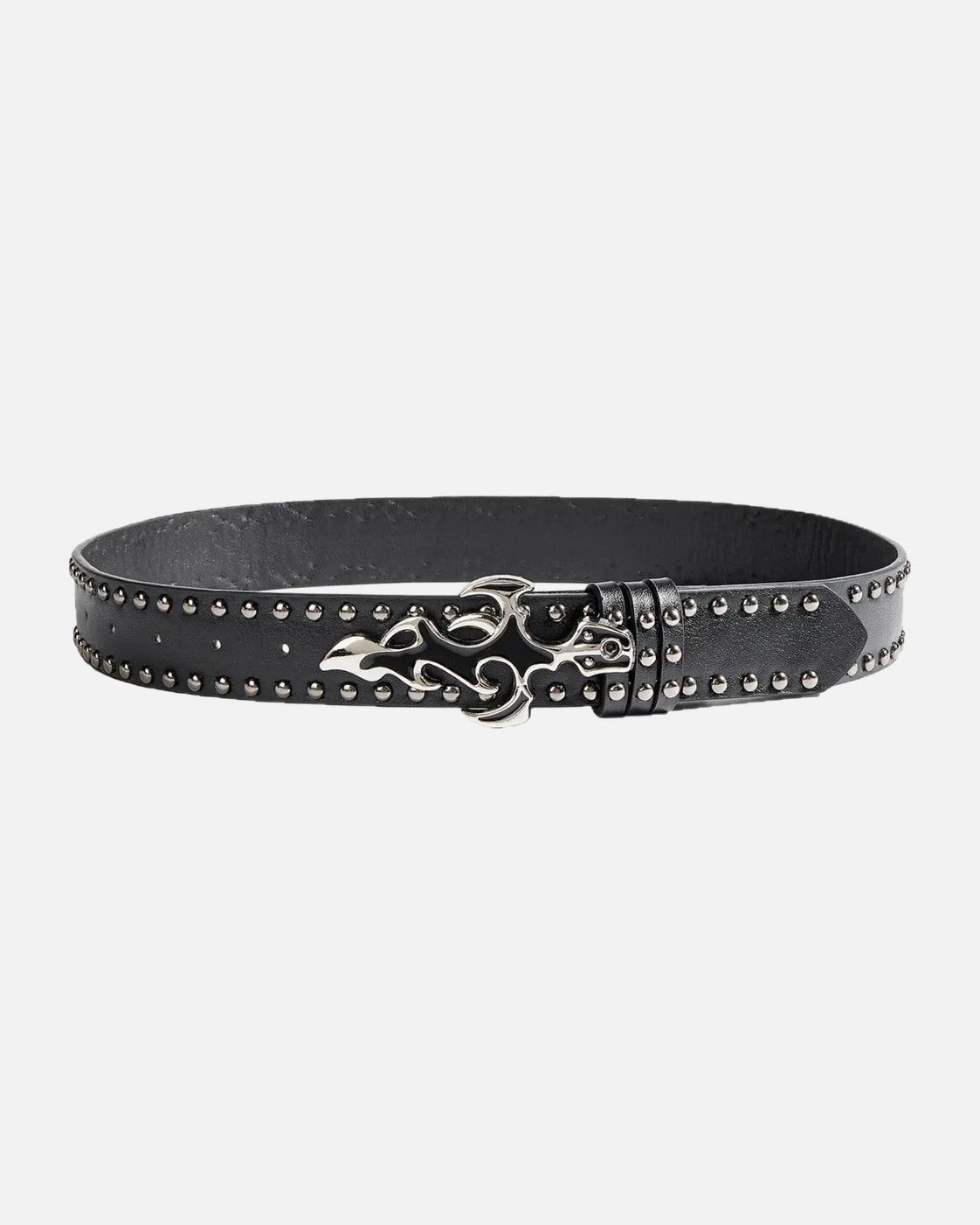 Flame Cross Studded Belt – close-up of the PU leather finish, unisex retro belt