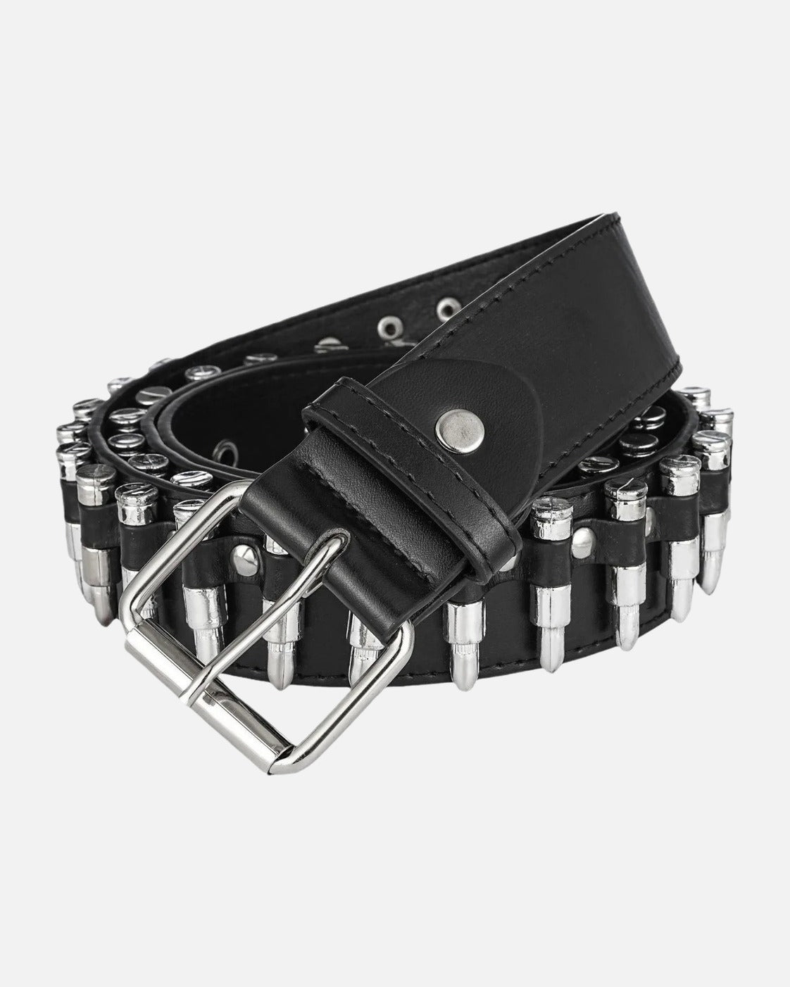 Bullet Studded Belt – unisex punk belt in PU leather, front product photo on a grey background