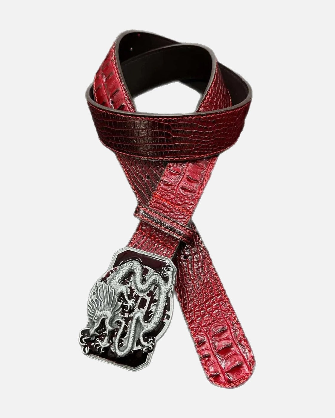Red Dragon Buckle Belt – red croc belt with sculpted silver dragon buckle, product photo on grey background