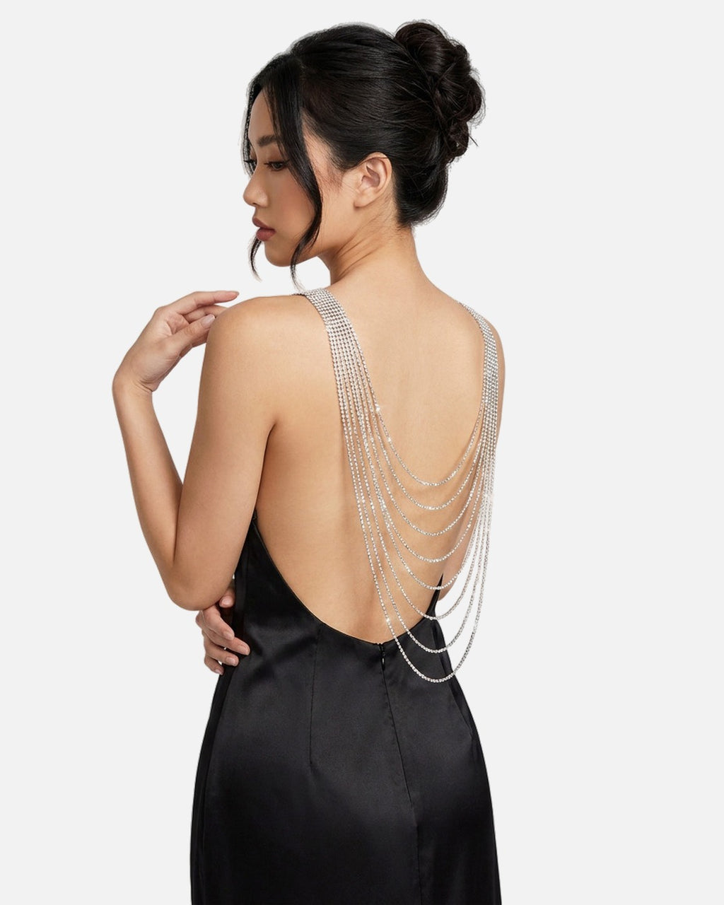 Crystal Tassel Back Chain worn on the back – styled with a black backless dress