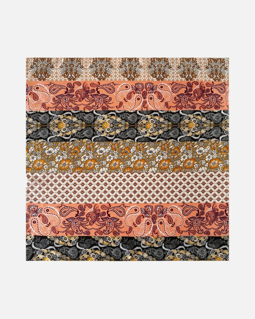 Striped Paisley Satin Scarf in Coral – unisex vintage satin scarf, 70 cm square flat lay