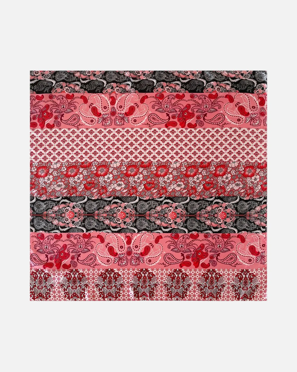 Striped Paisley Satin Scarf in Red – unisex vintage satin scarf, flat lay