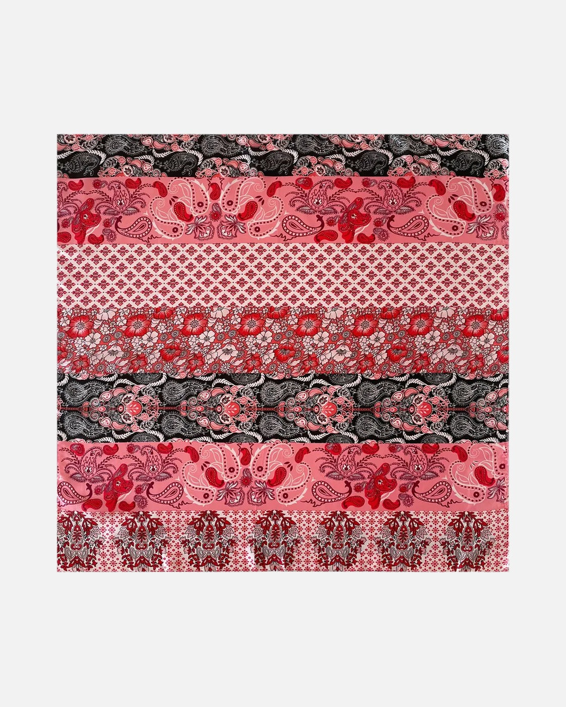 Striped Paisley Satin Scarf in Red – unisex vintage satin scarf, flat lay