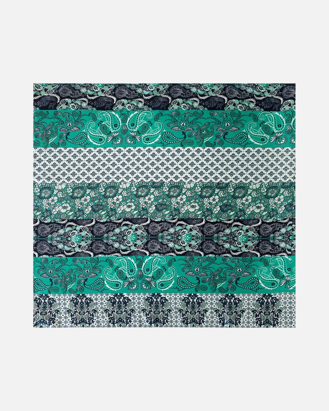 Striped Paisley Satin Scarf in Teal – unisex vintage satin scarf, flat lay