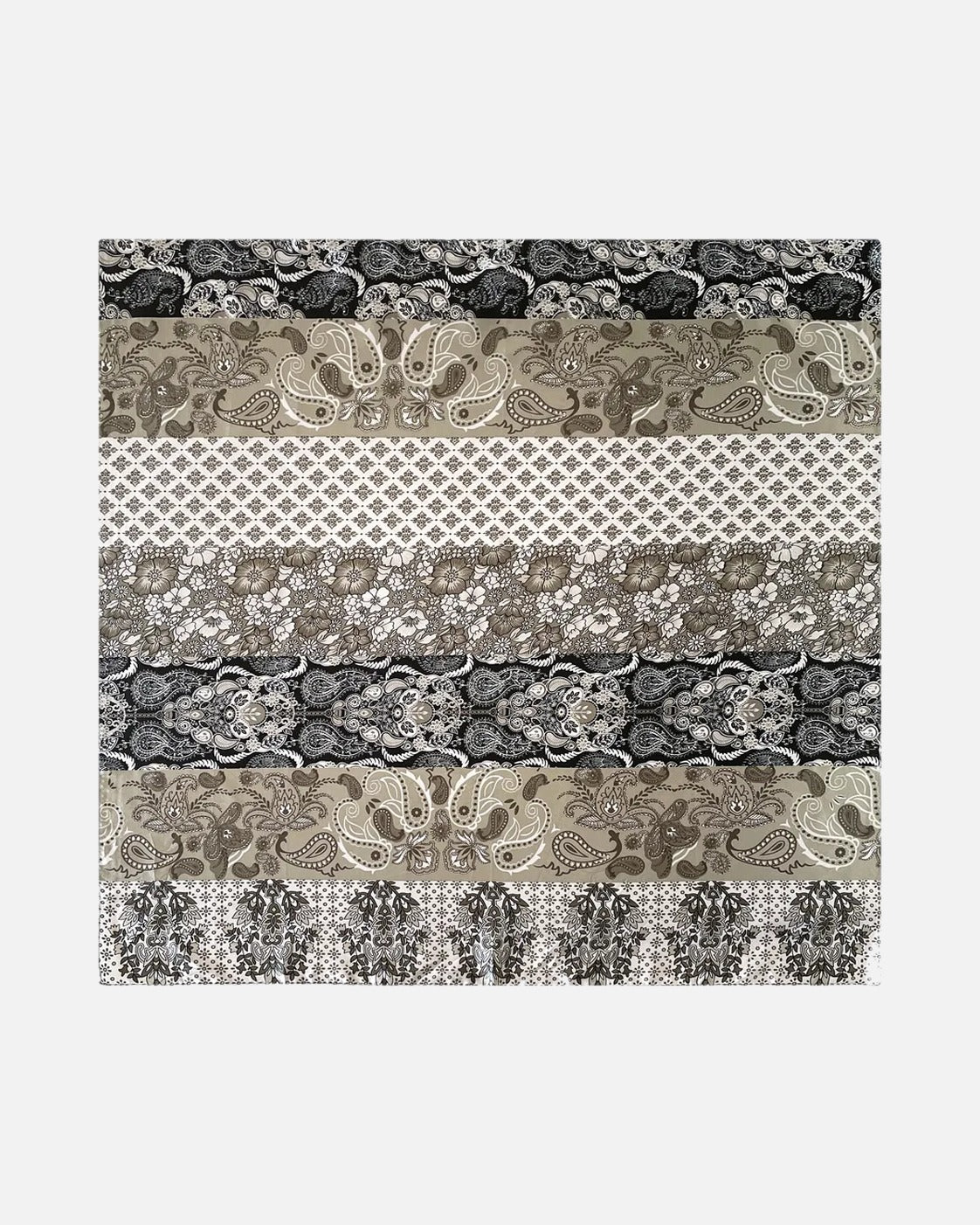 Striped Paisley Satin Scarf in Grey – unisex vintage satin scarf, flat lay