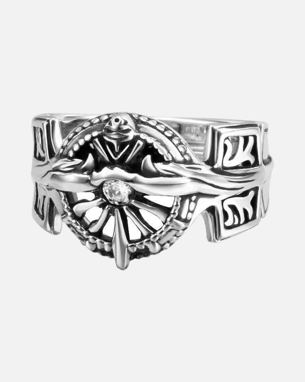 Crest Signet Ring – men's gothic signet ring in antique silver, front product photo on a grey background