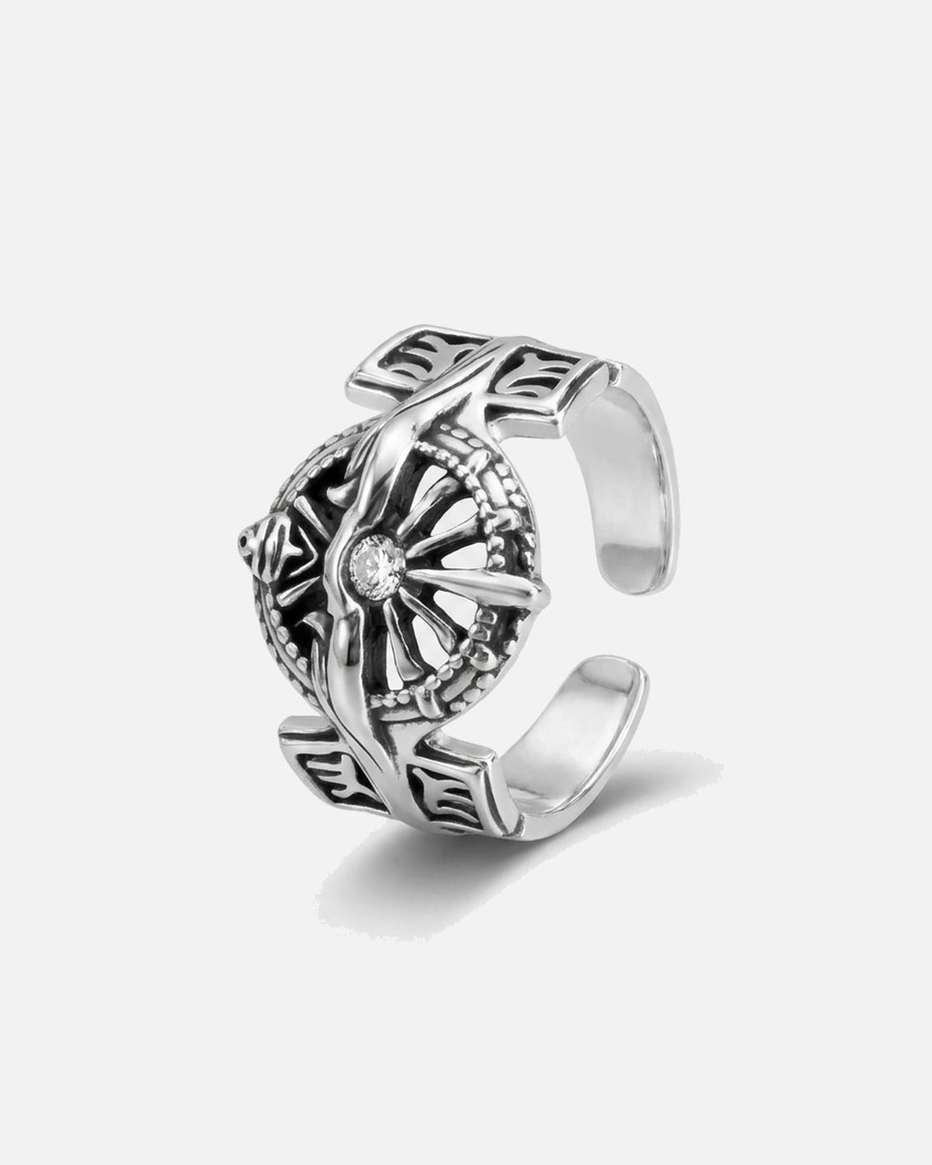 Crest Signet Ring – side view showing the adjustable open band, men's gothic ring