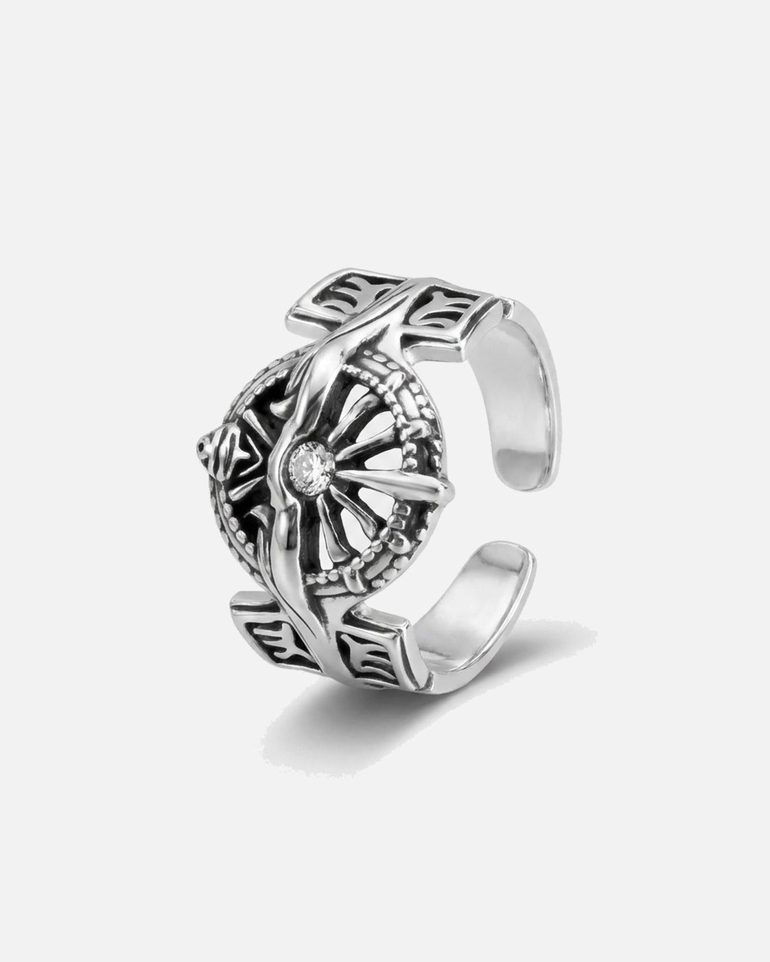 Crest Signet Ring – side view showing the adjustable open band, men's gothic ring