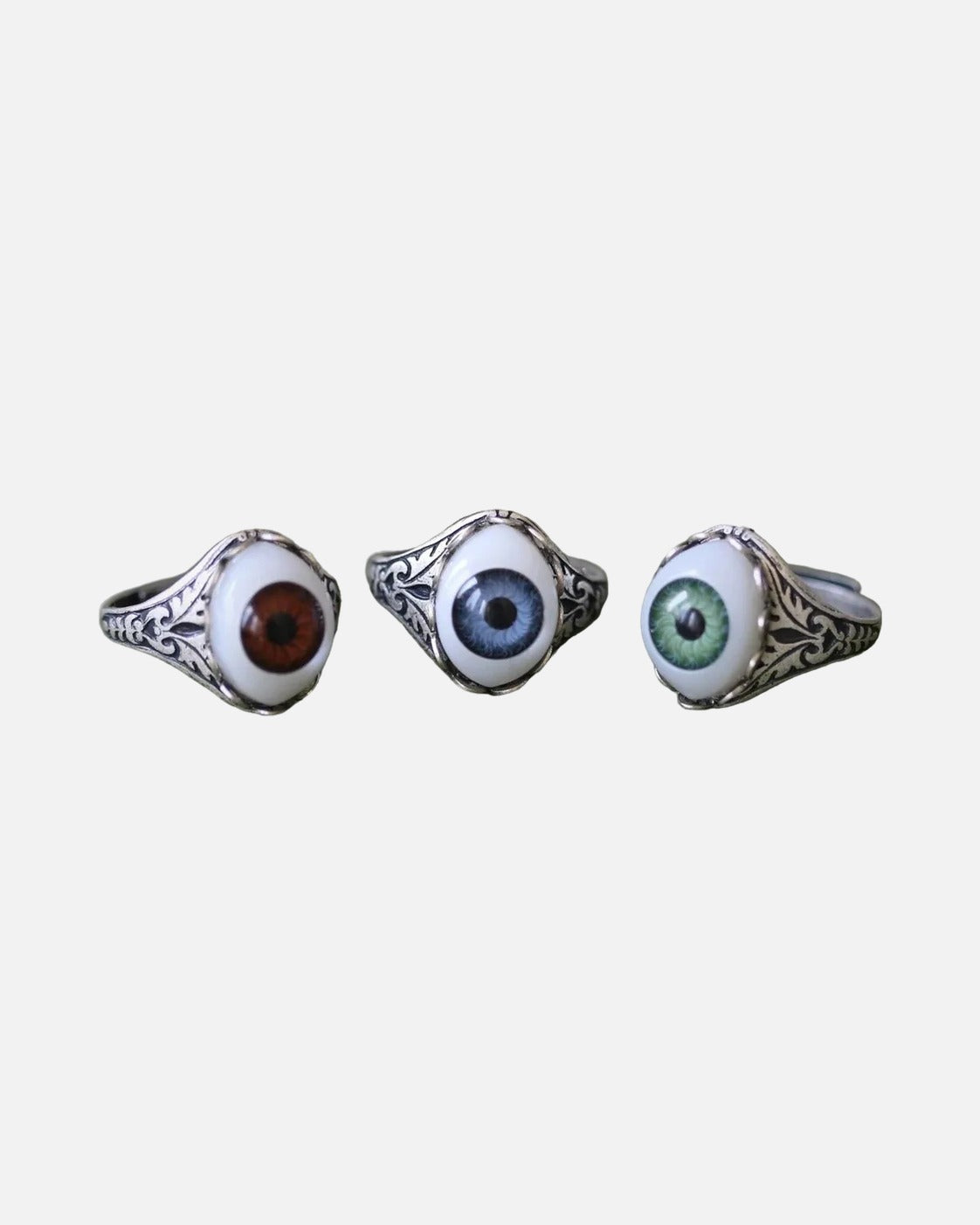 Eyeball Ring – unisex gothic glass eye rings in brown, blue and green, antique silver bezel product photo