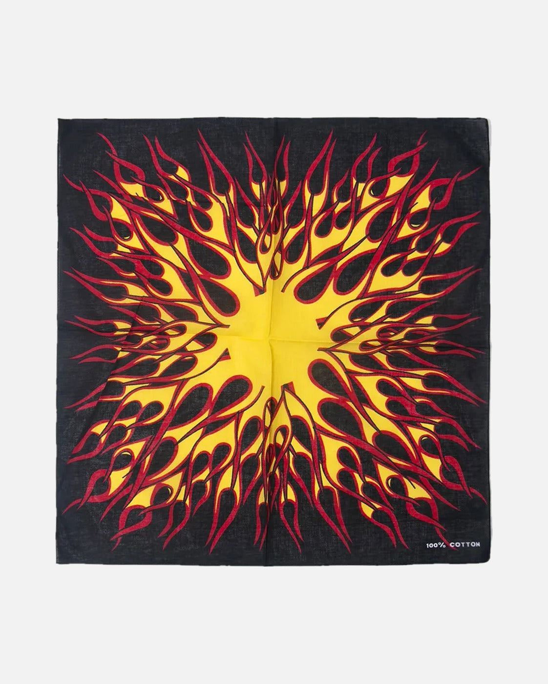 Flame Print Bandana in Flame Burst – unisex biker cotton bandana, flat lay