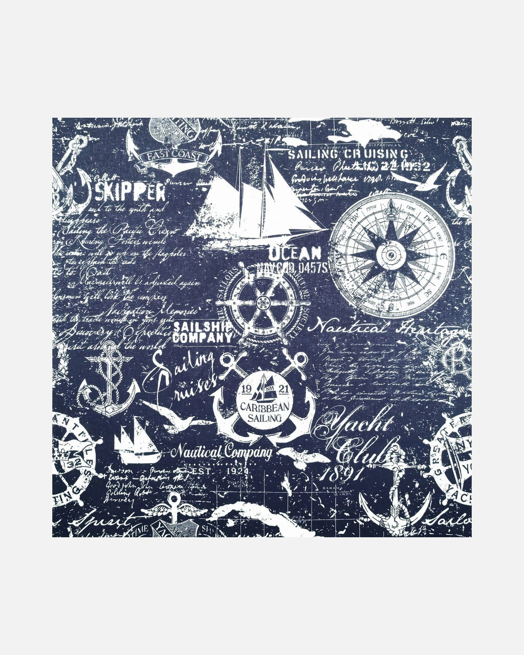 Nautical Compass Bandana in Navy – unisex vintage cotton bandana, 55 cm square flat lay
