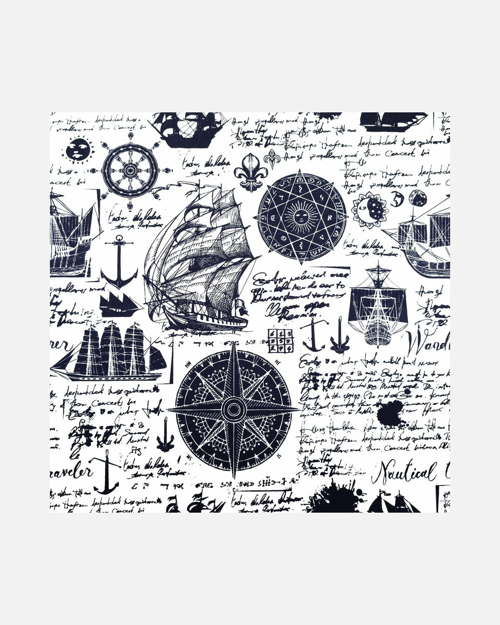 Nautical Compass Bandana in White – unisex vintage cotton bandana, flat lay