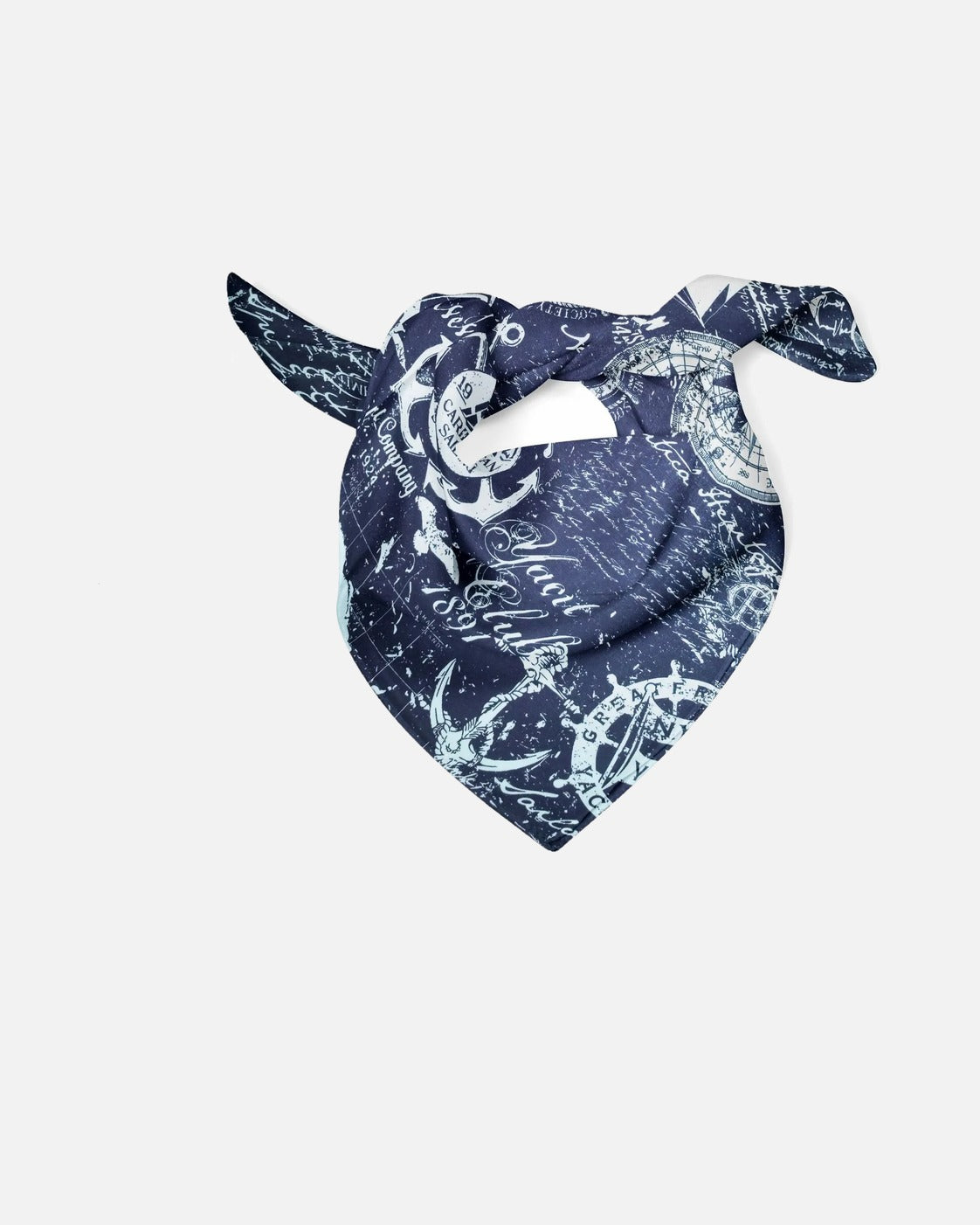 Nautical Compass Bandana – tied bandana showing the ship and compass print