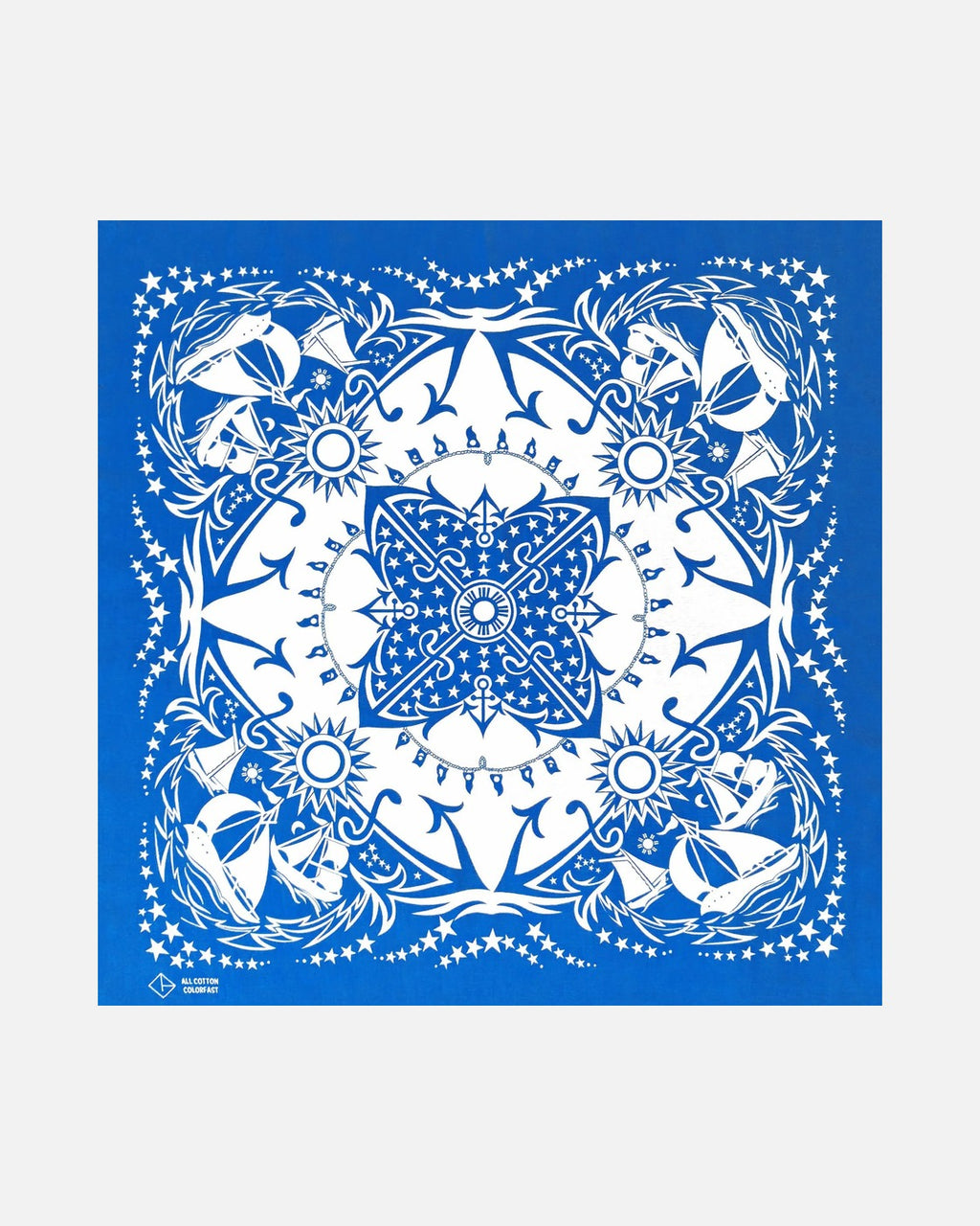 Navy Paisley Bandana in Blue Sailboat – unisex cotton bandana, flat lay