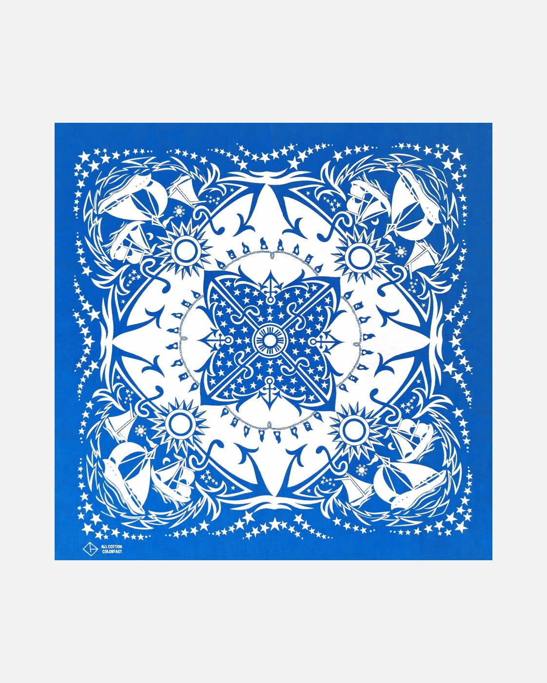 Navy Paisley Bandana in Blue Sailboat – unisex cotton bandana, flat lay